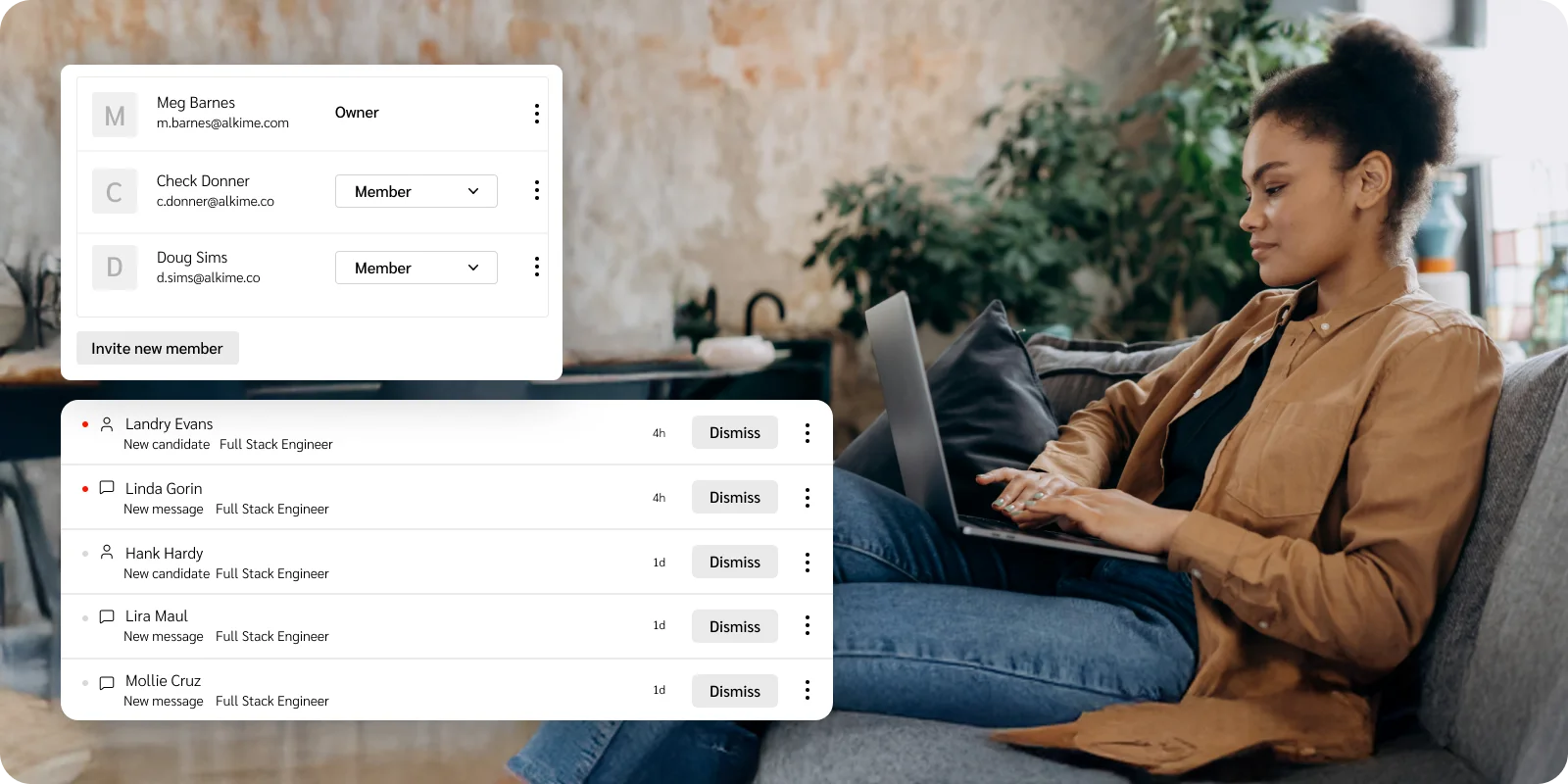 AI innovation tab showing price quote table, tiered pricing interface, and woman using laptop on the couch, with marketing text overlay